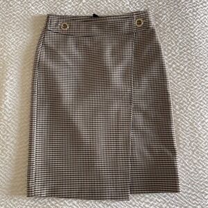 H&M Women Brown Houndstooth Front Pencil Skirt Gold Hardware Size 4